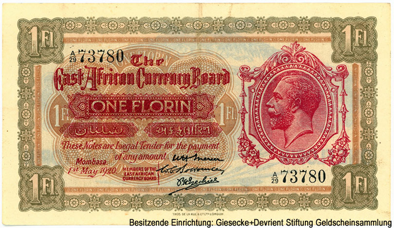 East African Currency Board ONE Florin 1st, May 1920
