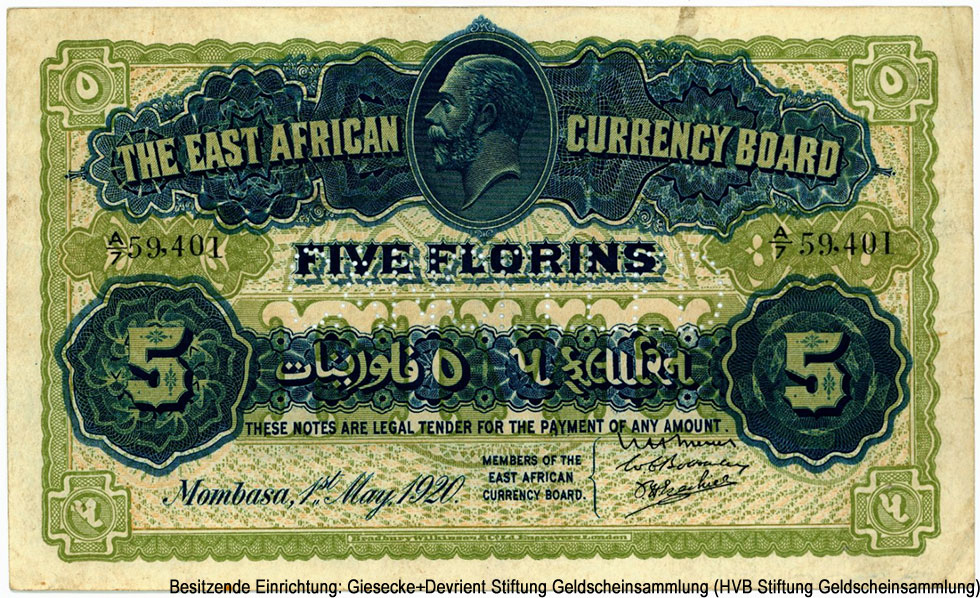 EAST AFRICA CURRENCY BOARD. 5 florins 1920