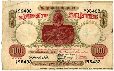 Government of the Straits Settlements 100 dollars 7th March 1916.