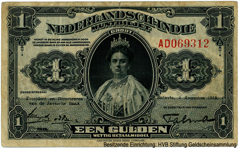Nederlands Oost-Indië Government Muntbiljet 1 Gulden. BATAVIA, 4 Augustus 1919.