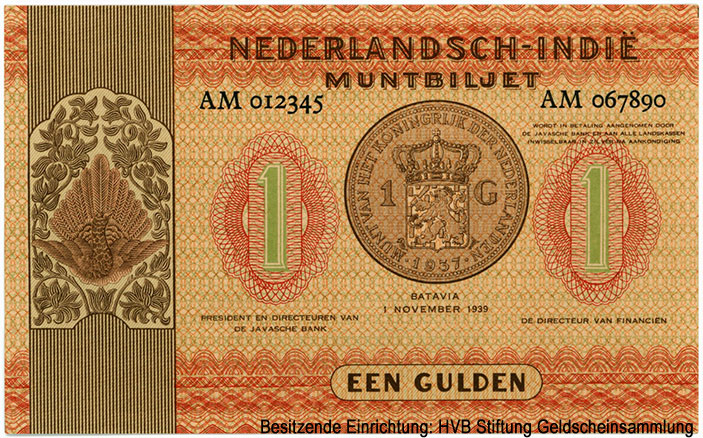 NEDERLANDSCH-INDIË MUNTBILJET EEN GULDEN BATAVIA 1 NOVEMBER 1939
