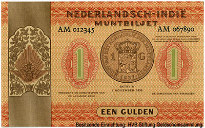 Nederlandsch-Indië Muntbiljet Een Gulden Batavia 1 November 1939