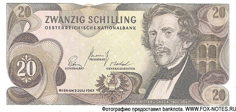 Oesterreichische Nationalbank Bank. Banknote 20 Schilling. 1. Juli 1967.
