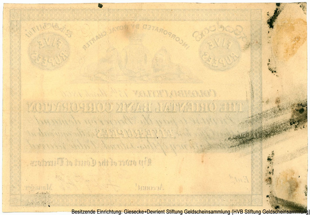 Oriental Bank Corporation 5 rupees 15th March 1866
