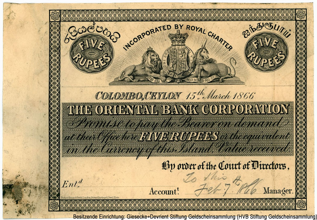 Oriental Bank Corporation 5 rupees 15th March 1866