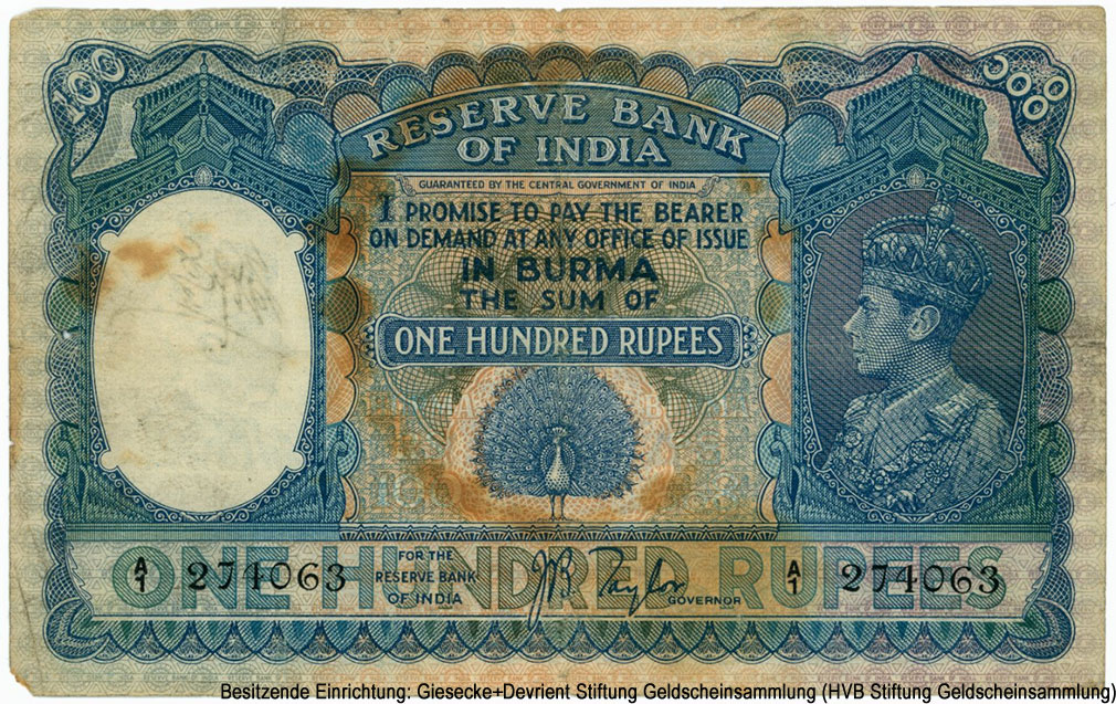 Reserve Bank of India 100 rupees 1938 BURMA