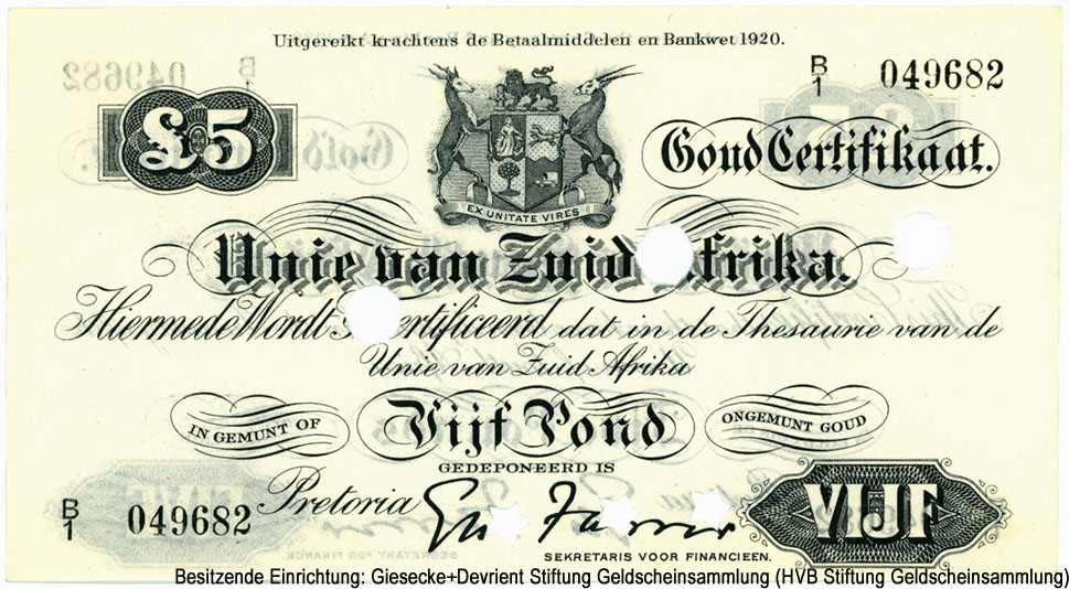 Union of South Africa Treasury Gold Certificate. Pretoria. 5 Pounds 1920