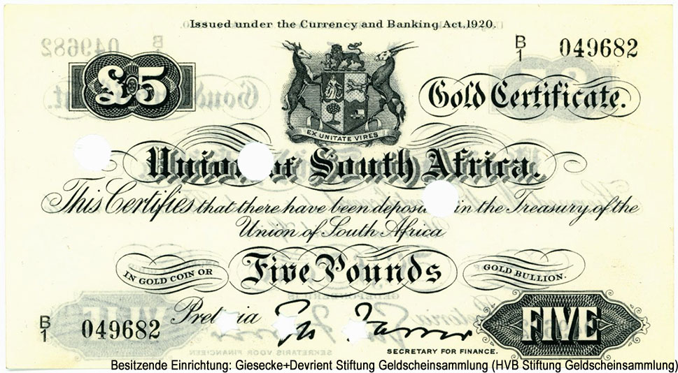 Union of South Africa Treasury Gold Certificate. Pretoria. 5 Pounds 1920
