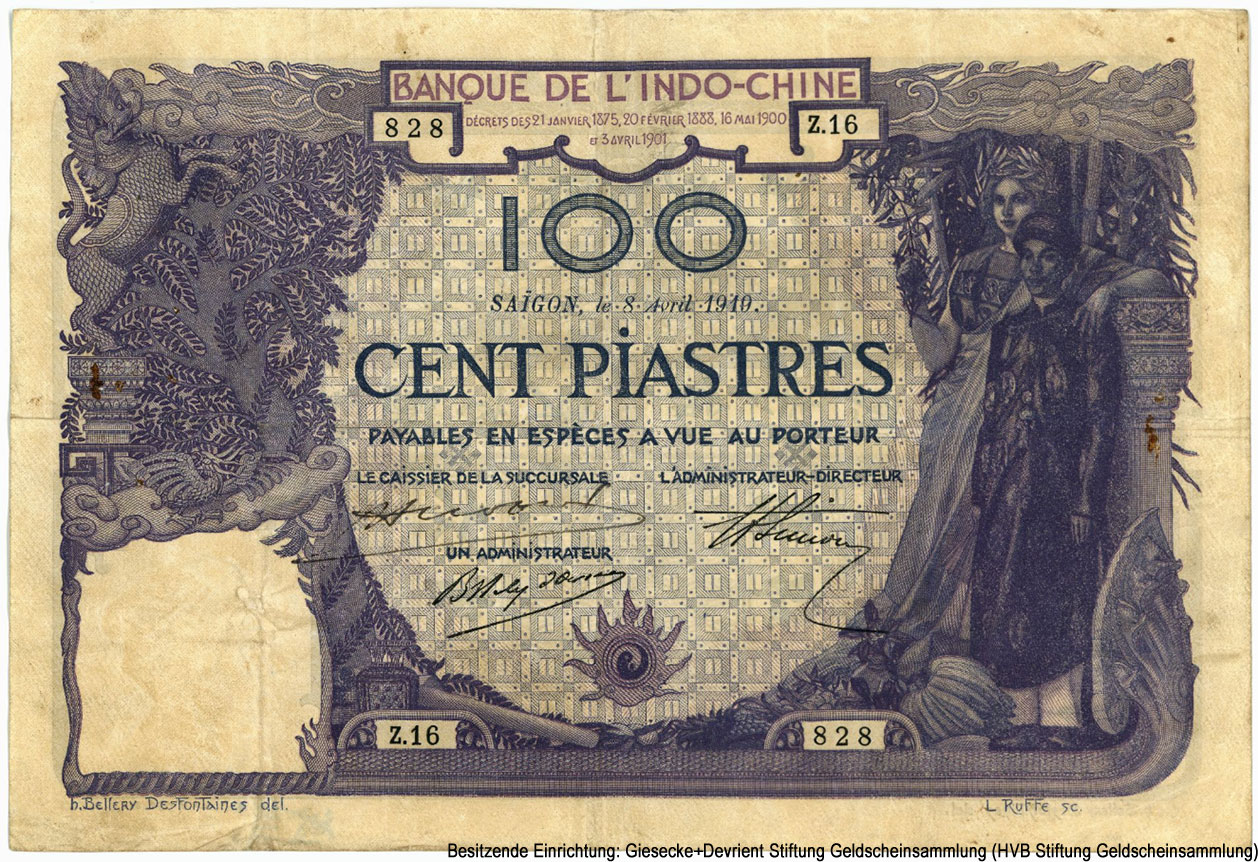 Индокитайский Союз (Французский Индокитай). Banque de l'Indochine - Emission de Saigon. 100 пиастров 1910