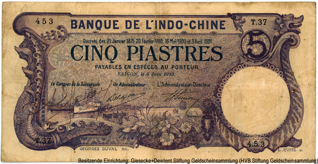 Индокитайский Союз (Французский Индокитай). Banque de l'Indochine - Emission de Saigon. 5 пиастров 1913