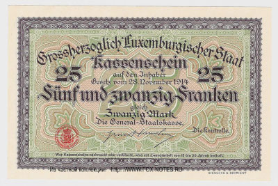 Grossherrzoglich Luxemburgischer Staat Kassenschein. 20 Mark. Gesetz vom 28. November 1914.