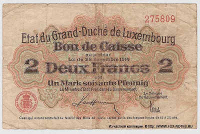 État du Grand-Duché De Luxembourg Bon de Caisse. 2 Francs. Loi du 28 novembre 1914.