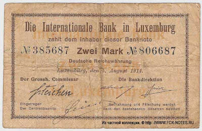 Banque internationale à Luxembourg Banknote. 2 Mark Deutsche Reichswährung. 5. August 1914