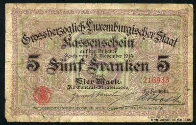 Grossherrzoglich Luxemburgischer Staat Kassenschein. 4 Mark. Gesetz vom 28. November 1914.