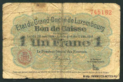 Bon de Caisse. 1 Franc. Loi du 28 novembre 1914 - Arrêté g.-d. du 11 décembre 1918. (1919).