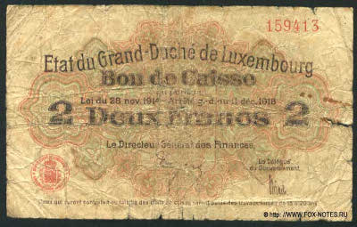 Bon de Caisse. 2 Francs. Loi du 28 novembre 1914 - Arrêté g.-d. du 11 décembre 1918. (1919).