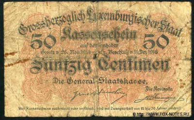 Kassenschein. 50 Centimen. Gesez vom 28. November 1914 -Großhz. Beschluß vom 11. Dezember 1918. (1919