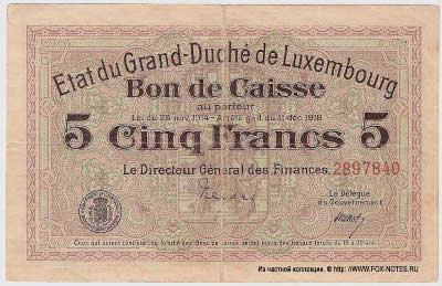 Bon de Caisse. 5 Francs. Loi du 28 novembre 1914 - Arrêté g.-d. du 11 décembre 1918. (1919).