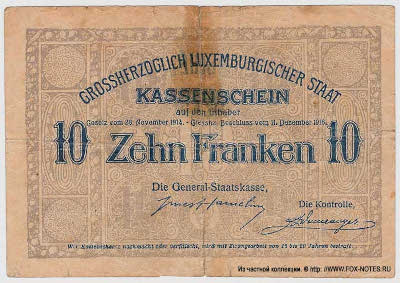 Kassenschein. 10 Frank. Gesez vom 28. November 1914 -Großhz. Beschluß vom 11. Dezember 1918. (1919)