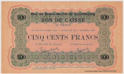 Bon de Caisse. 500 Francs. Loi du 28 novembre 1914 - Arrêté g.-d. du 11 décembre 1918. (1919).