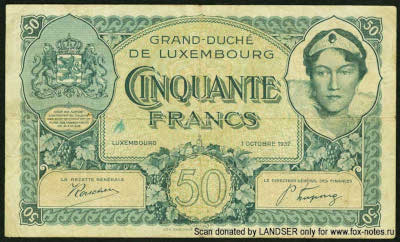 Grand-duche de Luxembourg. Bon de Caisse. 50 Francs. 1929