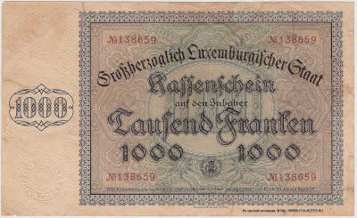 Grossherrzoglich Luxemburgischer Staat Kassenschein. 1000 Franken 1940.