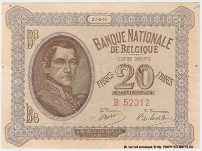 Banque Nationale de Belgique 20 francs 1914 Comptes Courants