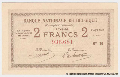 Banque Nationale de Belgique 2 francs 1914 Completes Courants