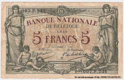 Бельгия 5 франков 1914 банкнота