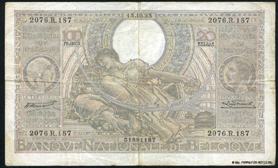 Billet Banque Nationale de Belgique 100 Francs ou 20 Belgas. 1935