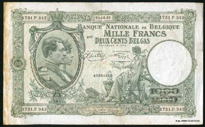 Billet Banque Nationale de Belgique 1000 Francs ou 200 Belgas. Série Nationale. 1942.