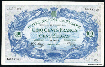 Billet Banque Nationale de Belgique 500 Francs ou 100 Belgas. 1943