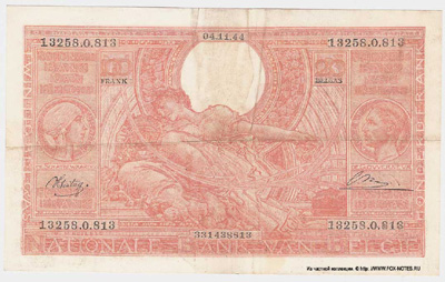Billet Banque Nationale de Belgique 100 Francs ou 20 Belgas. 1944 - 114