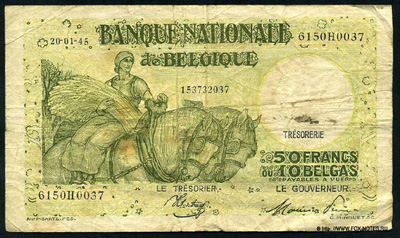 Billet Banque Nationale de Belgique 50 Francs ou 10 Belgas. 1945