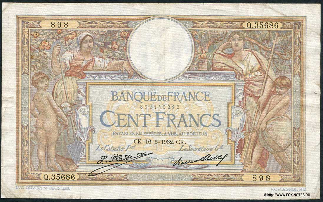   Banque de France 100 1932 "Luc Olivier Merson"  L.Platet P.Strohl. 