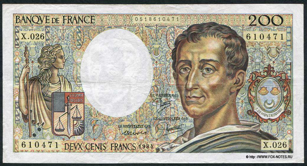 Banque de France 200  1984 "Montesquieu" P.A.Stroll  J.J.Trohche B.Dentaud. 
