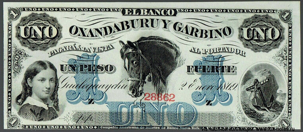 BANCO OXANDABURU Y GARBINO 1 peso 1869