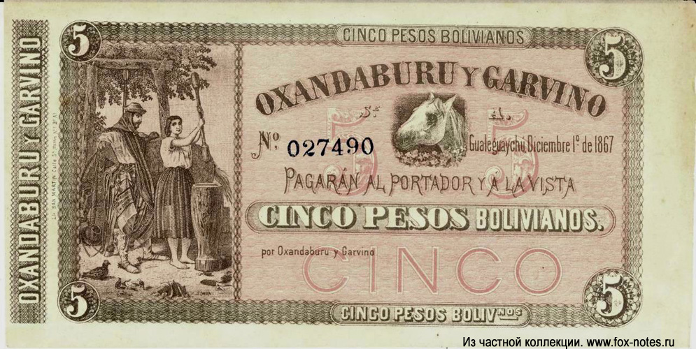 BANCO OXANDABURU Y GARBINO 5 Pesos Bolivianos 1867