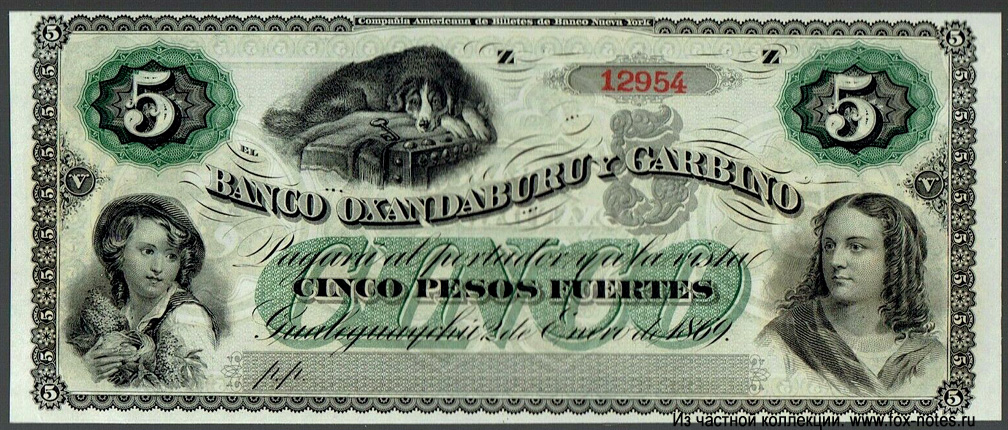 BANCO OXANDABURU Y GARBINO 5 Pesos Fuertes 1867