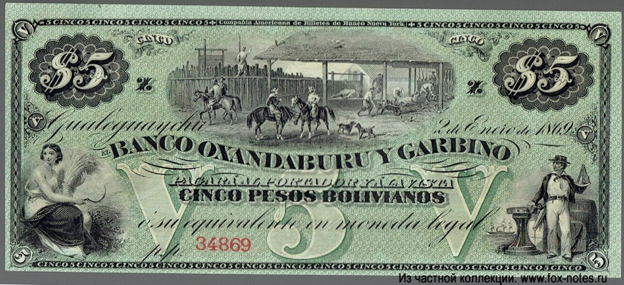BANCO OXANDABURU Y GARBINO 5 Pesos Bolivianos 1869