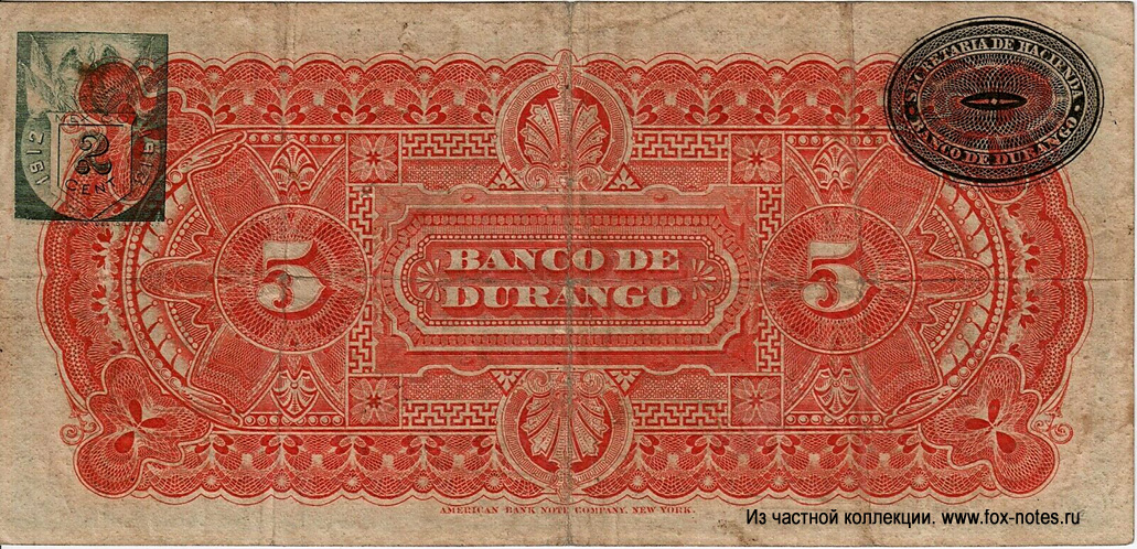 Banco de Durango 5 Pesos 1913