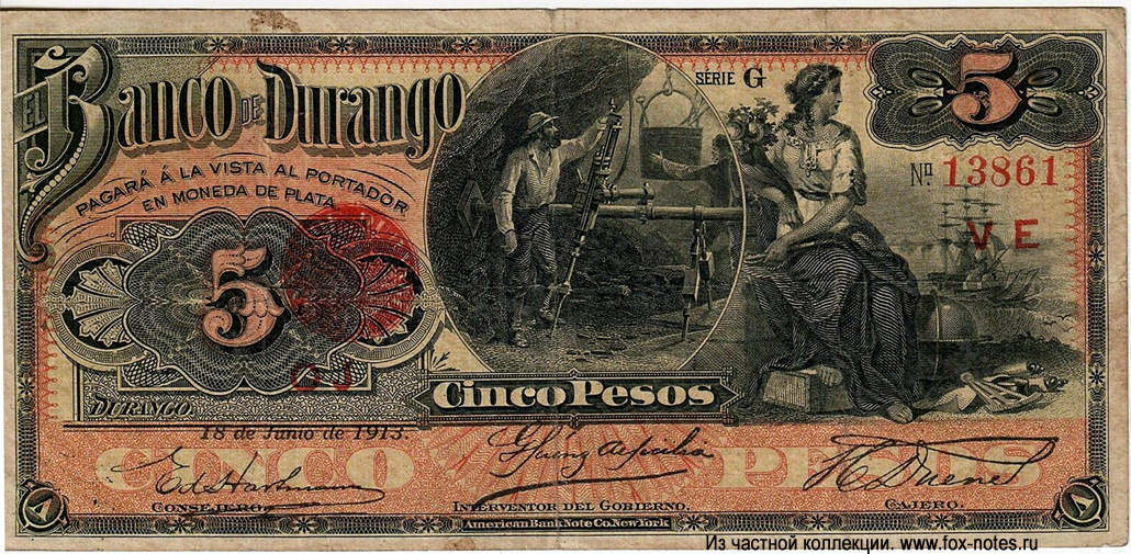 Banco de Durango 5 Pesos 1913
