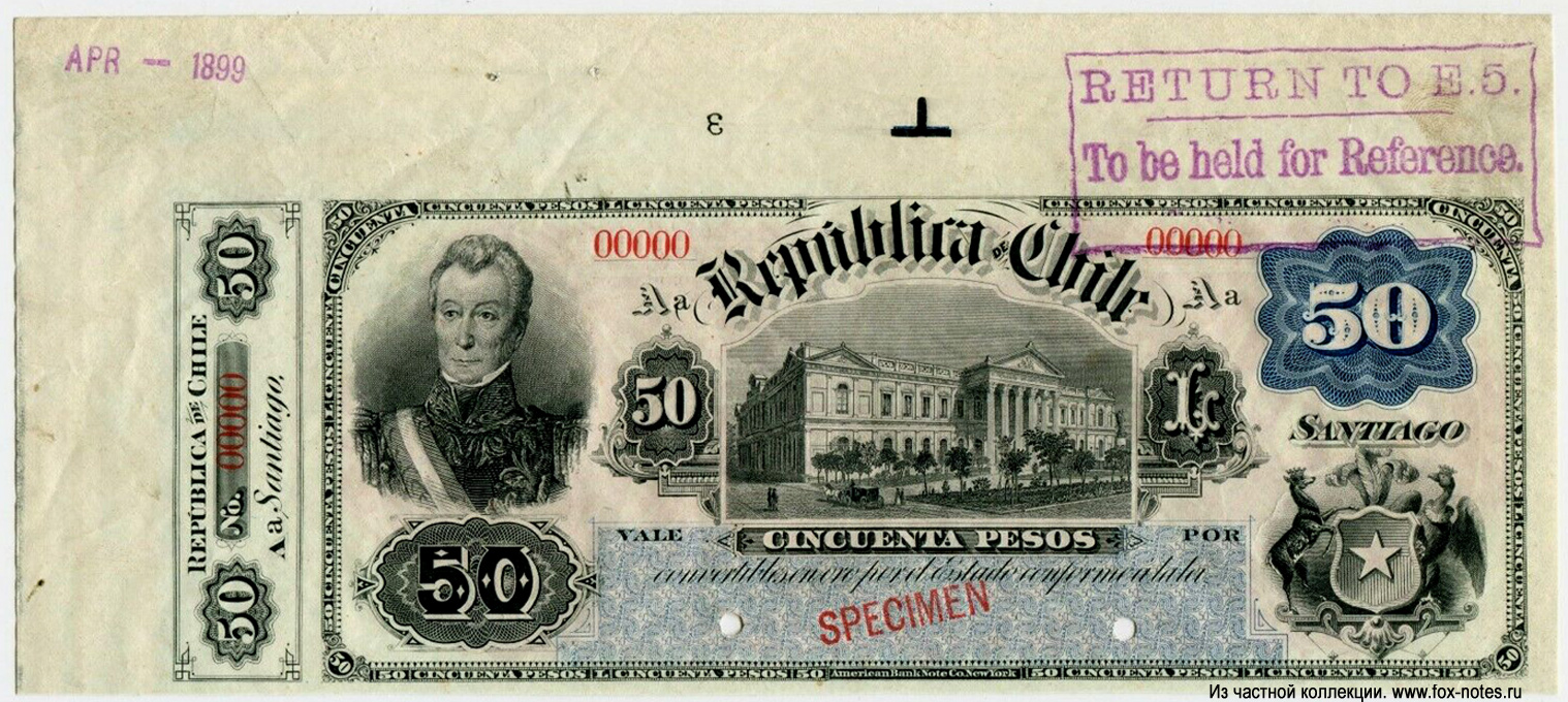 República de Chile 50 Pesos 1899 SPECIMEN