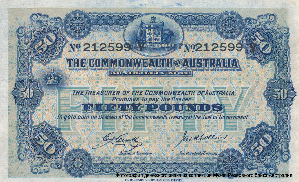 COMMONWEALTH OF AUSTRALIA TREASURY NOTE 50 Pounds 1914