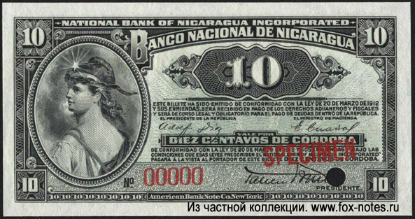 Banco National de Nicaragua 10 centavos 1938 SPECIMEN