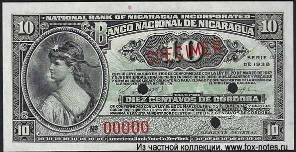 Banco National de Nicaragua 10 centavos 1938 SPECIMEN