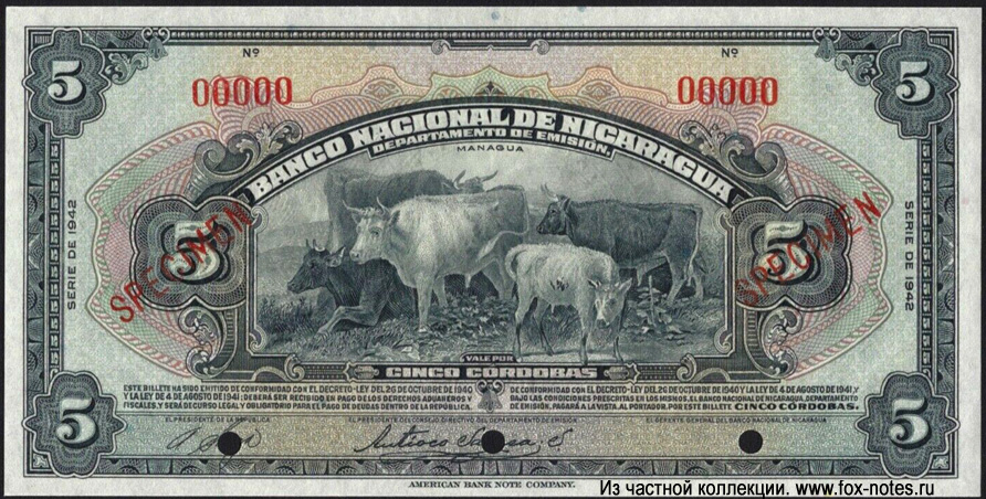 Banco National de Nicaragua 5 Cordoba 1942 SPECIMEN