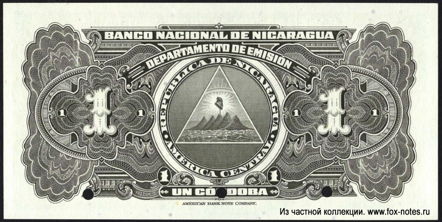 Banco National de Nicaragua 1 Cordoba 1951 SPECIMEN