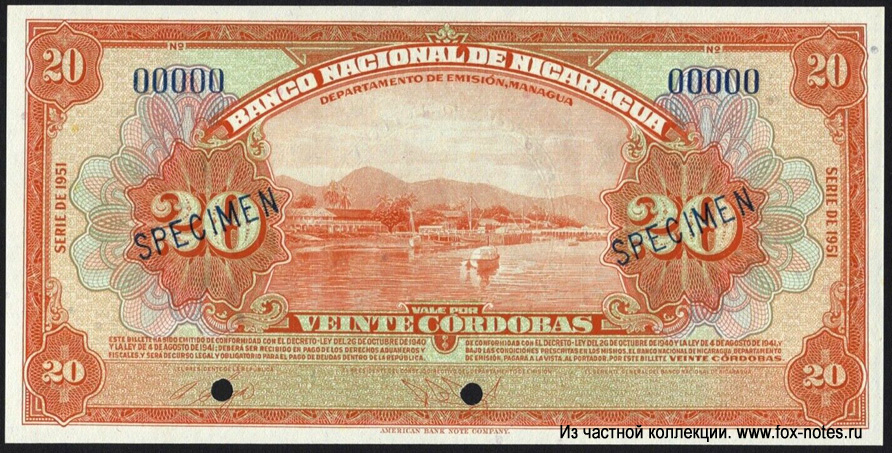 Banco National de Nicaragua 20 cordobas 1951 SPECIMEN