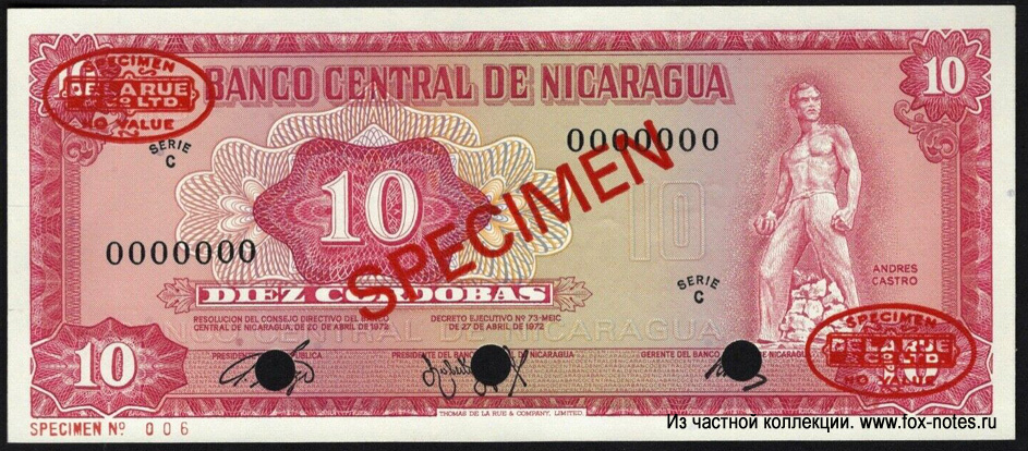 Banco central de Nicaragua 10 cordobas 1972 SPECIMEN